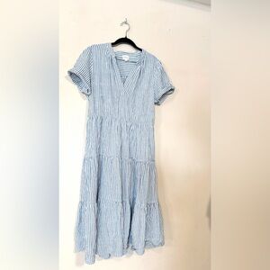 FORCYNTHIA Blue White Striped Linen Blend Tiered Dress Boho Cottagecore Size L